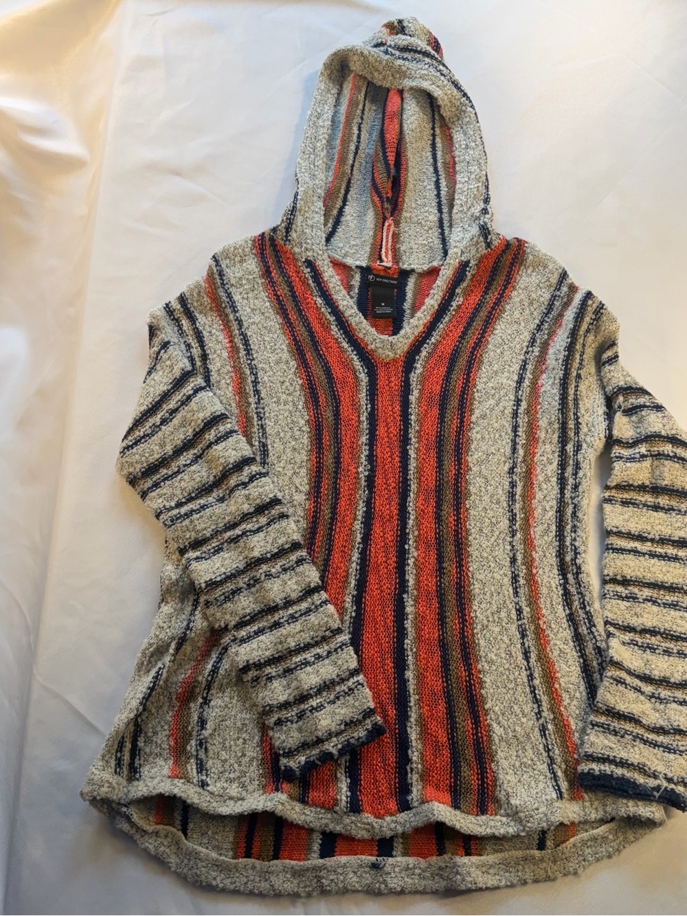 New Directions M Baja Hoodie Drug Rug Striped Boho Southwestern Pullover Sweater